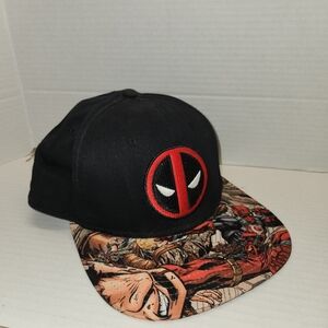 Marvel Comics Deadpool Snap Back Hat Cap Black Embroidered Patch Flat Bill